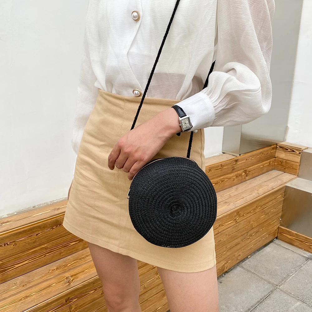 Retro Women Crossbody Bag Casual Straw Woven Round Chain Purse