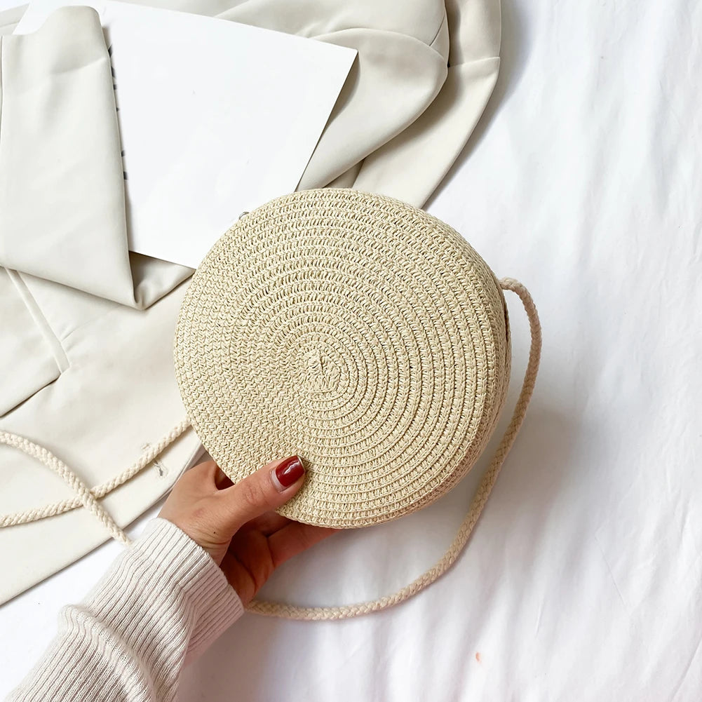 Retro Women Crossbody Bag Casual Straw Woven Round Chain Purse