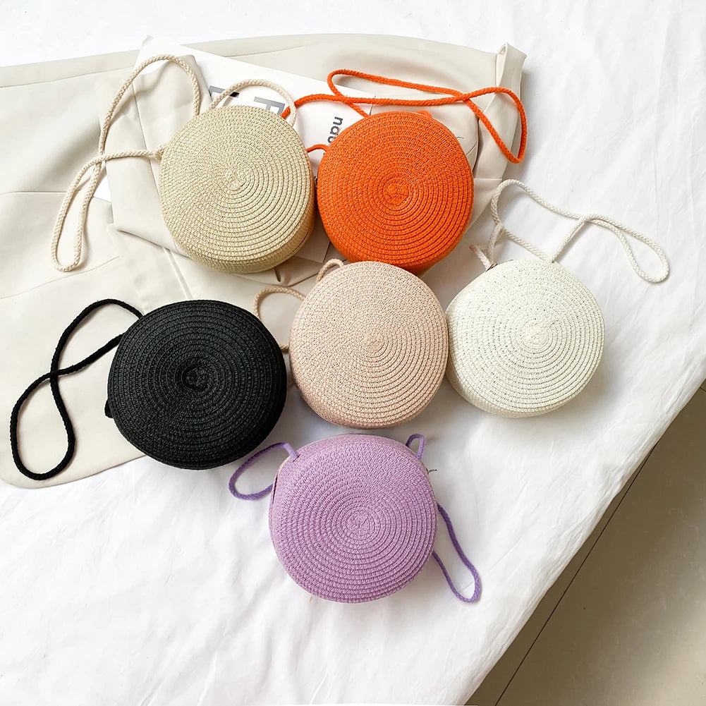 Retro Women Crossbody Bag Casual Straw Woven Round Chain Purse