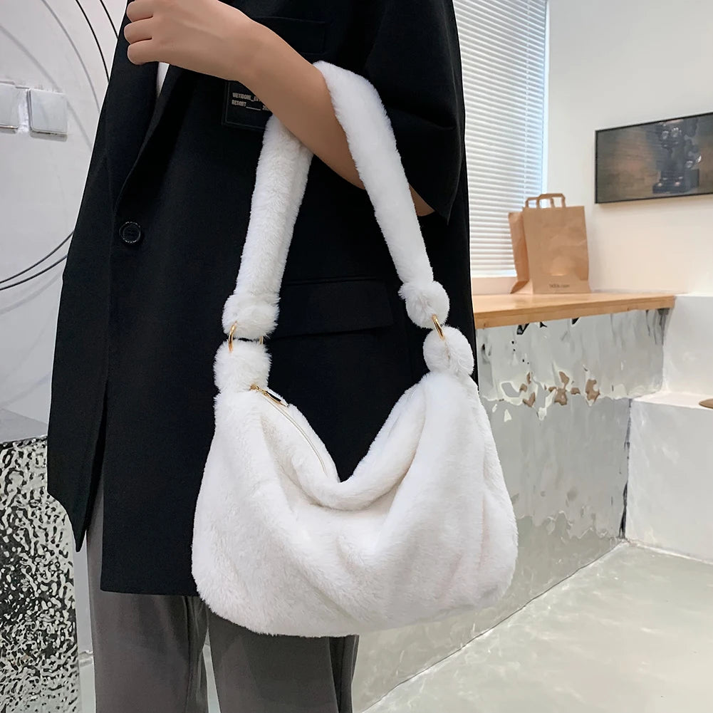 Retro Women Plush Shoulder Bag Winter Animal Pattern Tote Purse