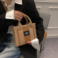 Vintage Retro Fleece Shoulder Bag Winter Handbag Square Tote