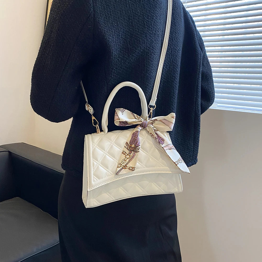 Retro Women Silk Scarf Leather Shoulder Bag Checker Pattern Shopping Handbags