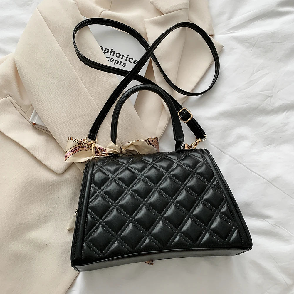 Retro Women Silk Scarf Leather Shoulder Bag Checker Pattern Shopping Handbags