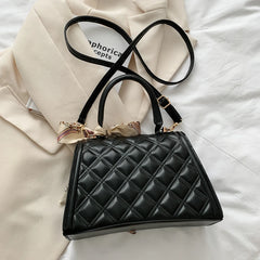 Retro Women Silk Scarf Leather Shoulder Bag Checker Pattern Shopping Handbags