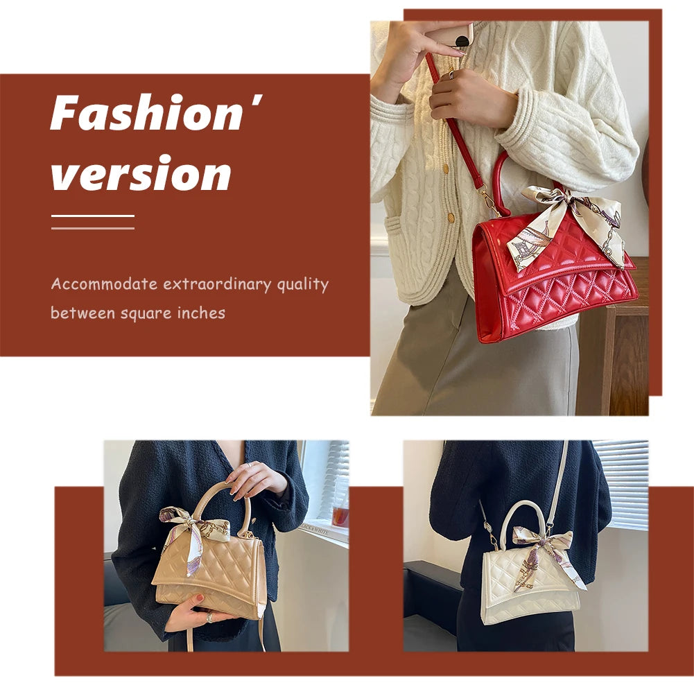 Retro Women Silk Scarf Leather Shoulder Bag Checker Pattern Shopping Handbags