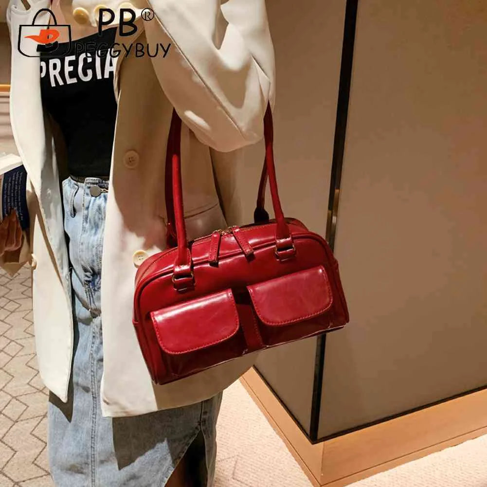 Retro Women Tote Bag Double Pocket PU Leather Shoulder Handbags
