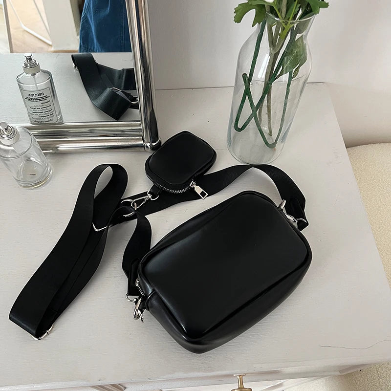 Retro Women Triple Messenger Bag PU Leather Female Shoulder Crossbody Bags