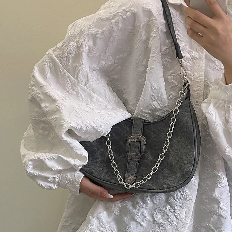 Retro Women Underarm Bags Half Moon Shoulder Bag Chain Ladies Purse