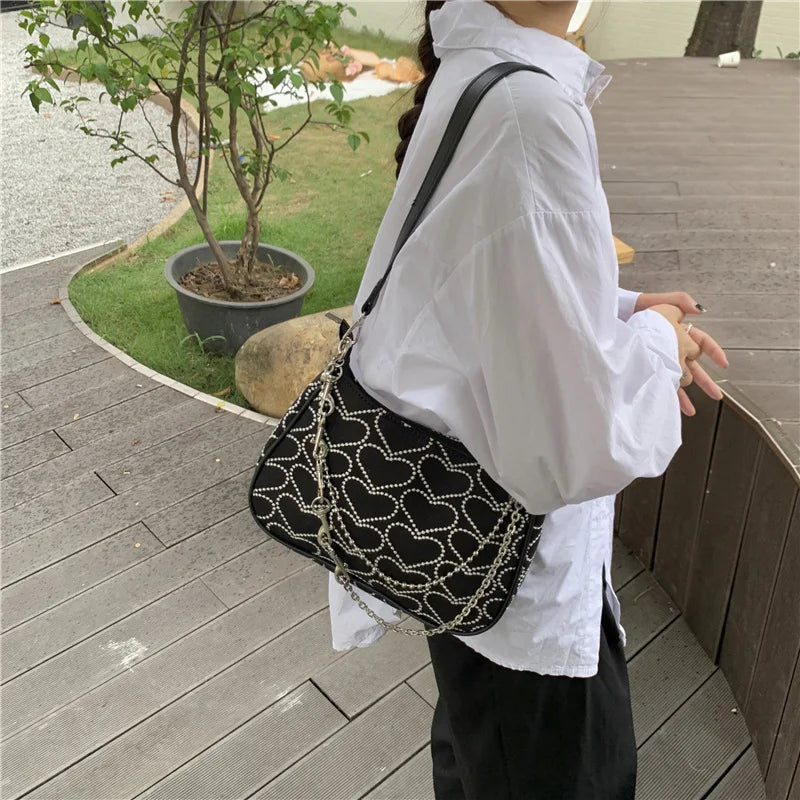 Embroidered Heart Canvas Shoulder Bag for Women Girls