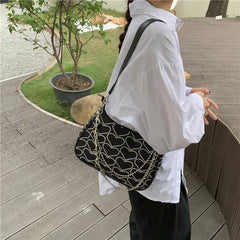Embroidered Heart Canvas Shoulder Bag for Women Girls