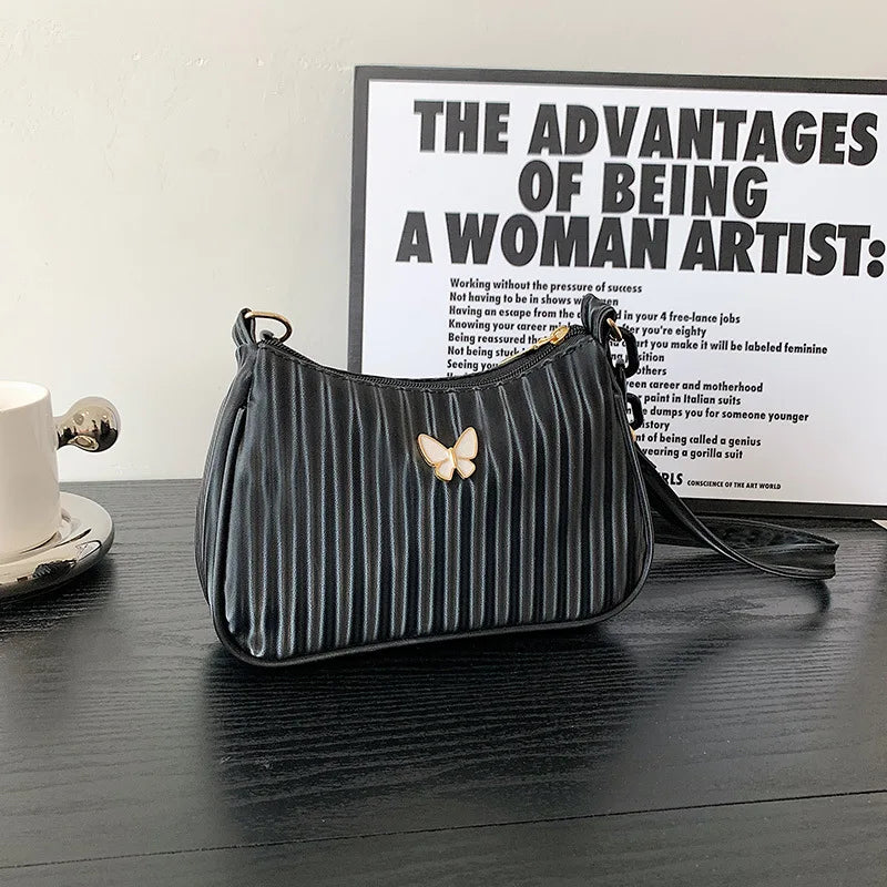 Retro Women's Shoulder Underarm Bags Solid Butterfly Stripe Handbag Casual Half