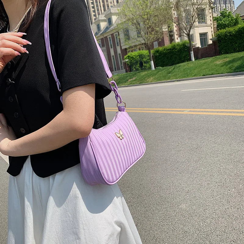 Retro Women's Shoulder Underarm Bags Solid Butterfly Stripe Handbag Casual Half