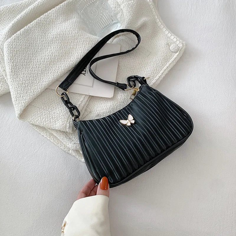 Retro Women's Shoulder Underarm Bags Solid Butterfly Stripe Handbag Casual Half