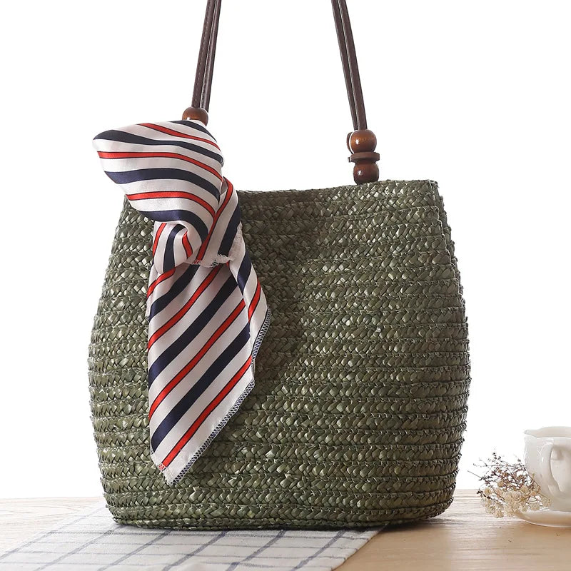 Woven Straw Tote Bag with Silk Scarf - Beach Crossbody Handbag
