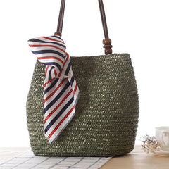 Woven Straw Tote Bag with Silk Scarf - Beach Crossbody Handbag