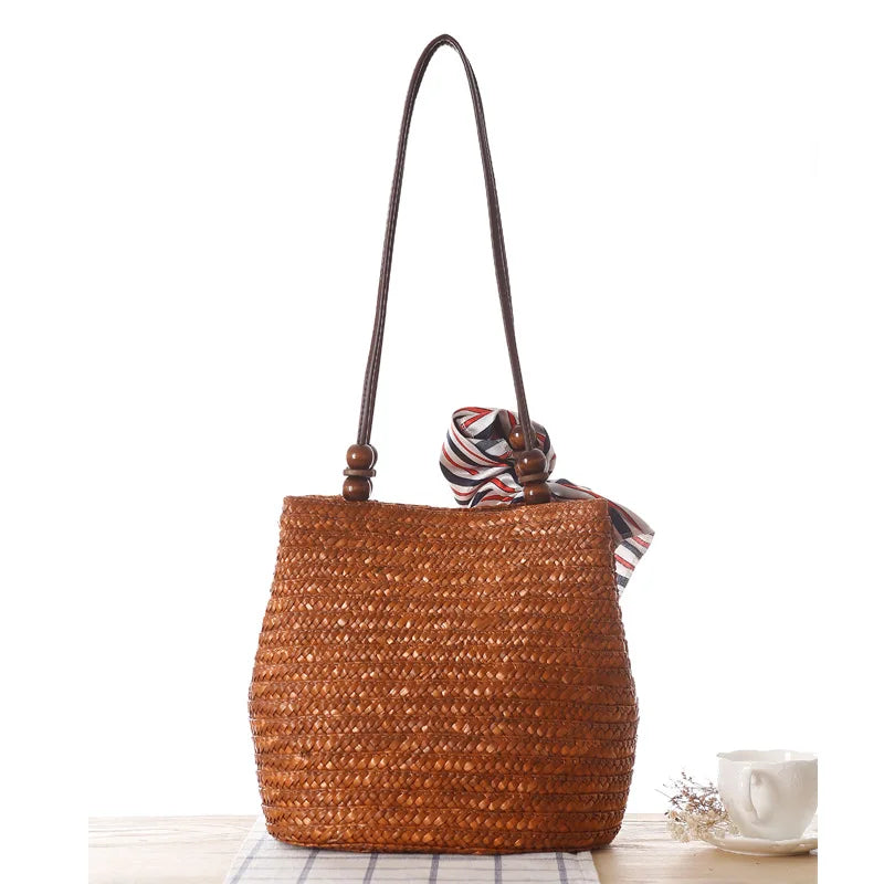 Woven Straw Tote Bag with Silk Scarf - Beach Crossbody Handbag