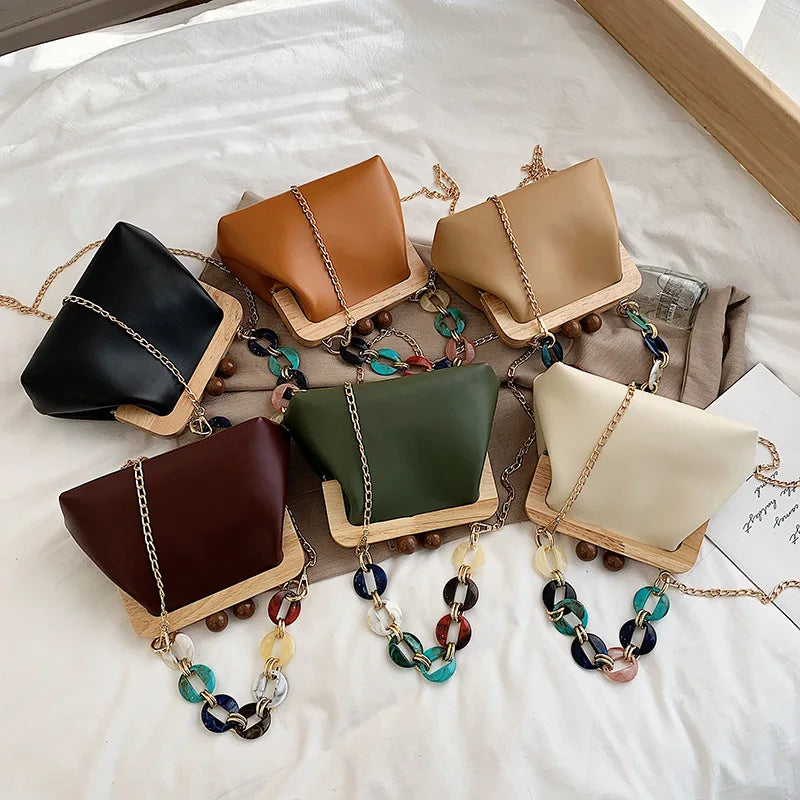 Colorful Chain Handbag Women's Messenger Bag Wooden Clip Bag