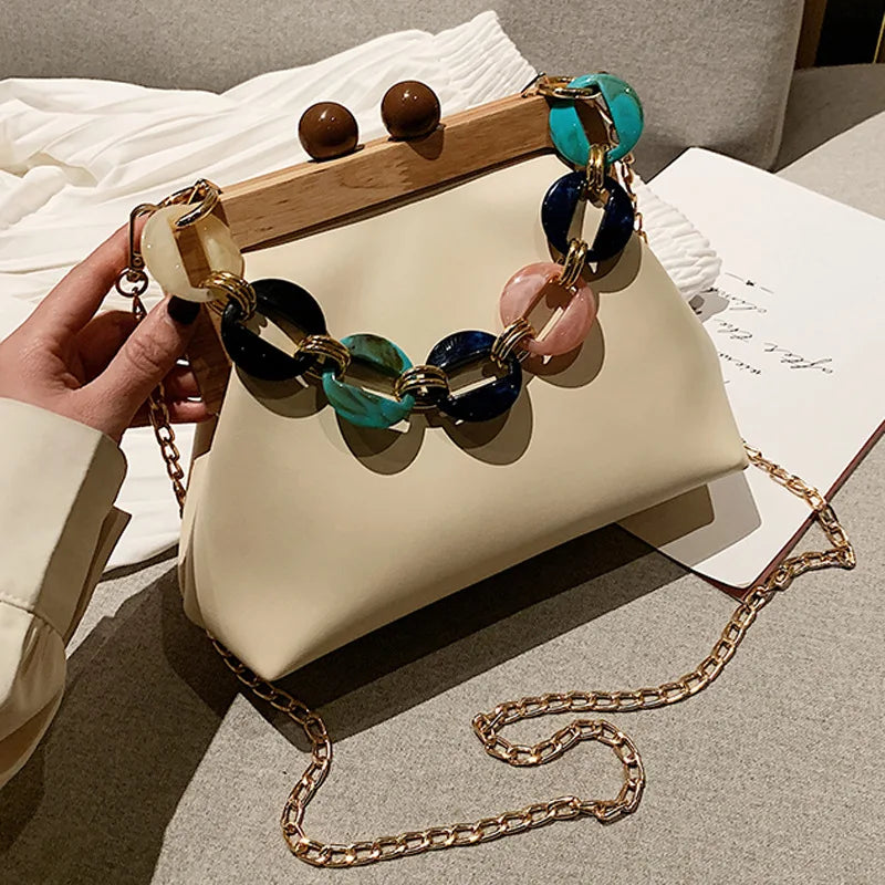 Colorful Chain Handbag Women's Messenger Bag Wooden Clip Bag