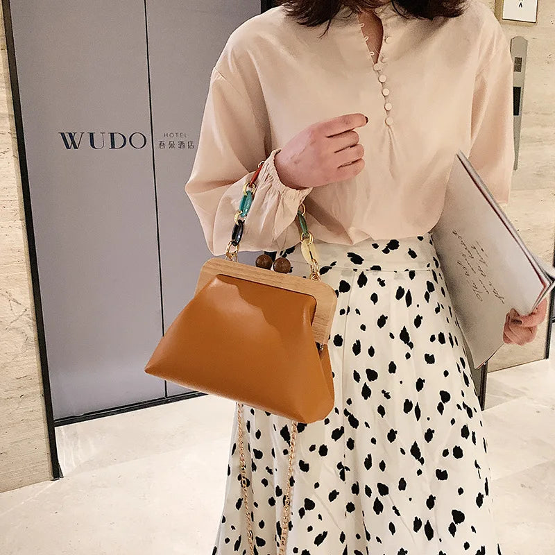 Colorful Chain Handbag Women's Messenger Bag Wooden Clip Bag