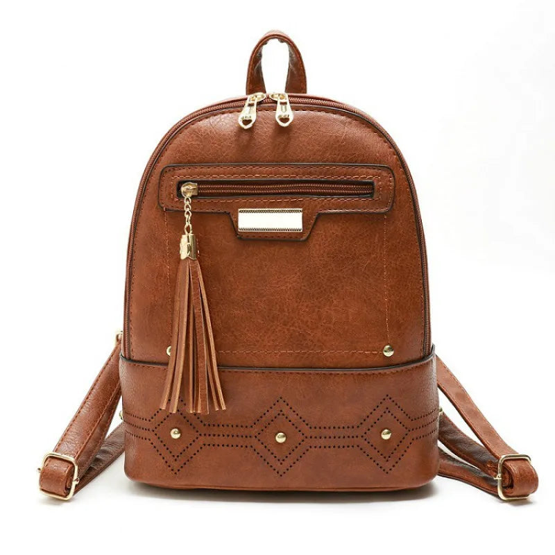 Vintage Hollow Out Women Backpack Soft PU Leather Tassel