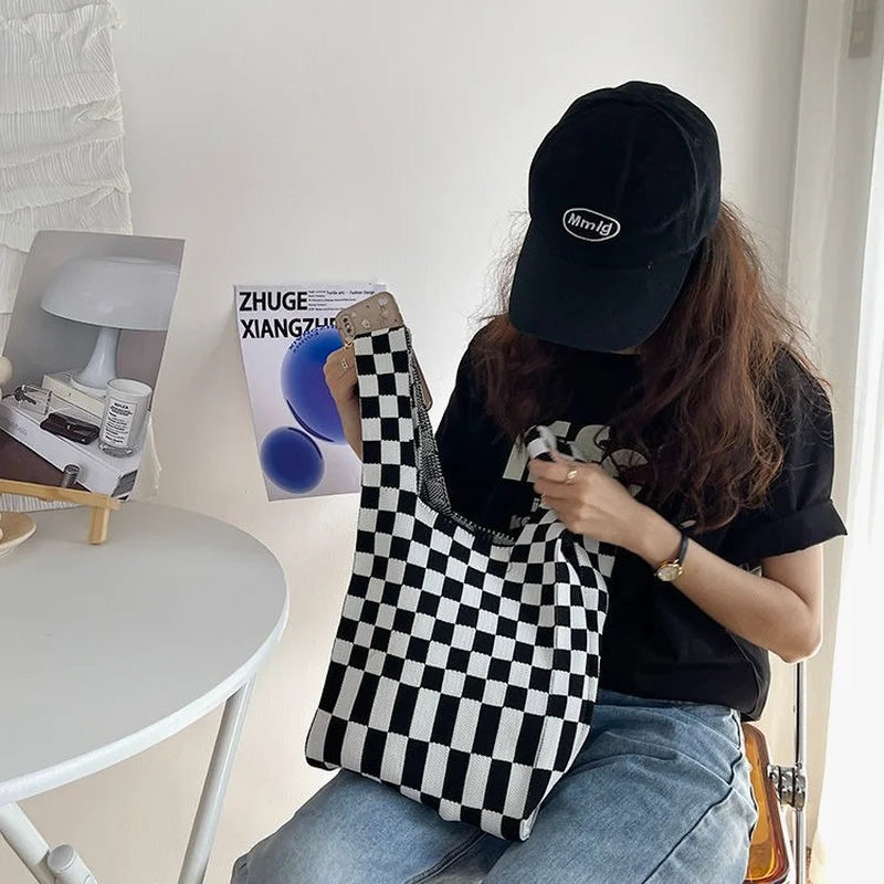 Checkerboard Shoulder Bag Foldable Vintage Style