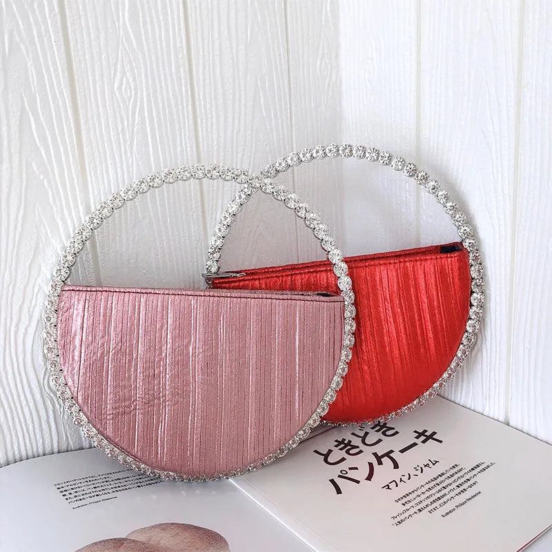 Red Rhinestone Circular Handle Evening Bag Diamonds Round Clutch Purse