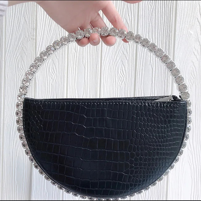 Red Rhinestone Circular Handle Evening Bag Diamonds Round Clutch Purse