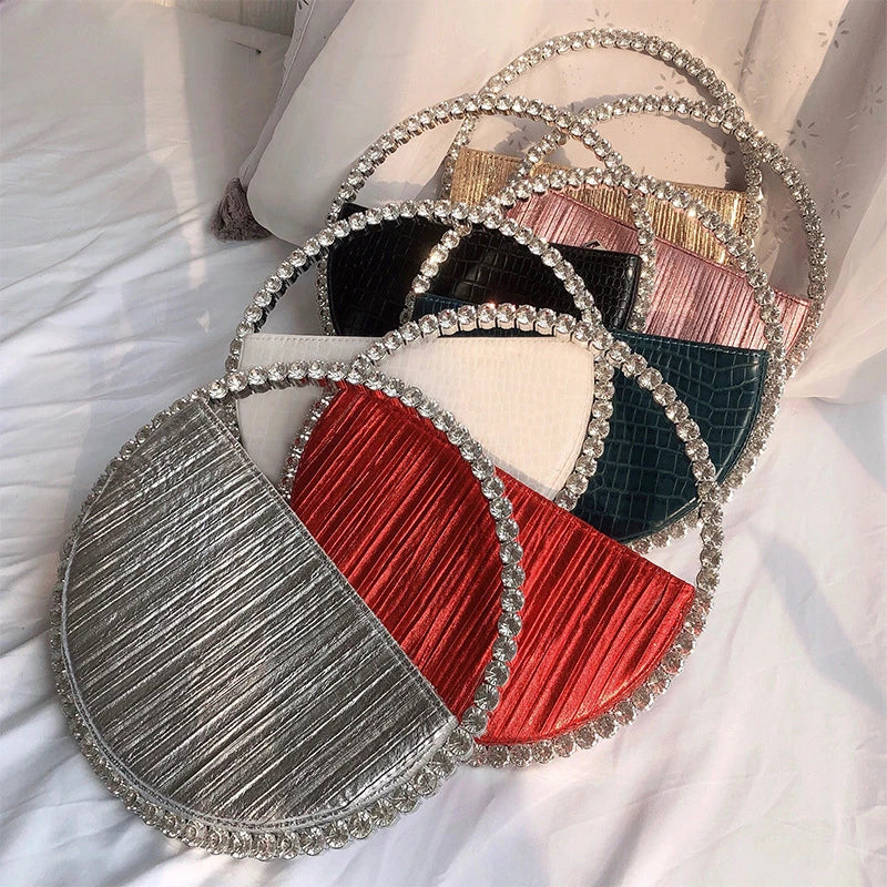 Red Rhinestone Circular Handle Evening Bag Diamonds Round Clutch Purse