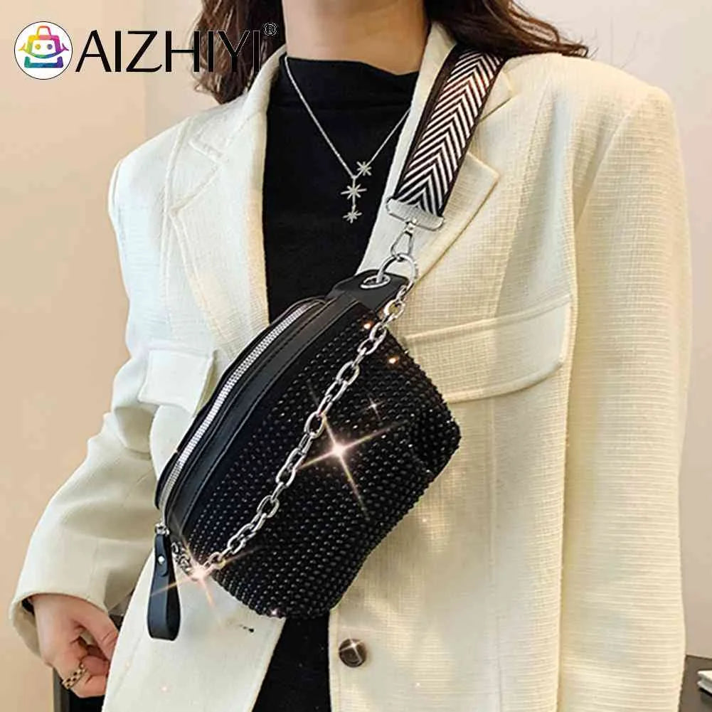 Rhinestone Sling Waist Pack Chain Female Belt Bag Adjustable Strap