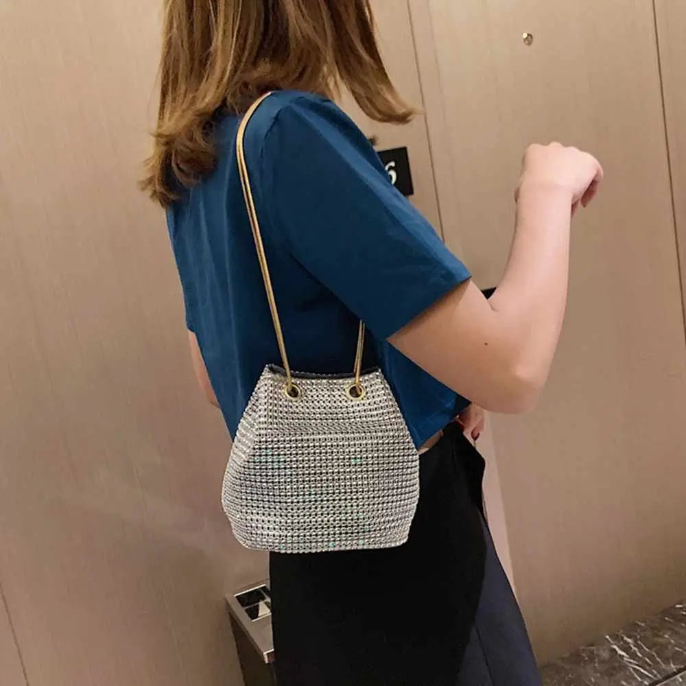 Rhinestone Shoulder Bag Silver Crystal Bucket Crossbody Tote