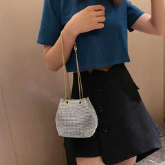 Rhinestone Shoulder Bag Silver Crystal Bucket Crossbody Tote