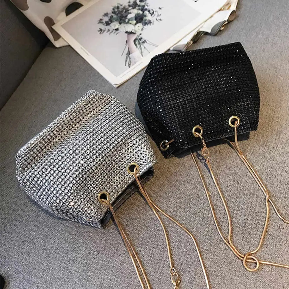 Rhinestone Shoulder Bag Silver Crystal Bucket Crossbody Tote