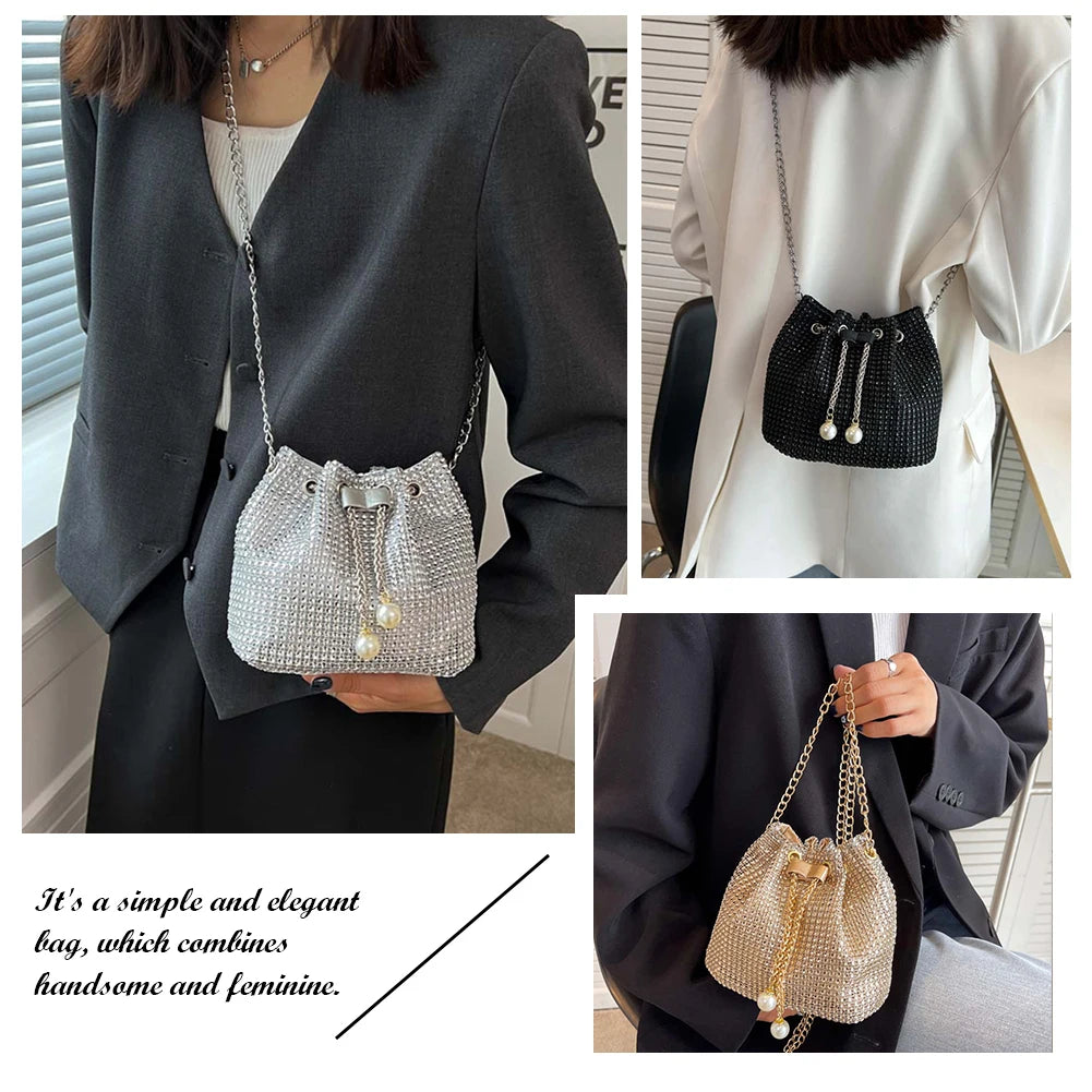 Rhinestone Chain Crossbody Bucket Messenger Handbag for Women