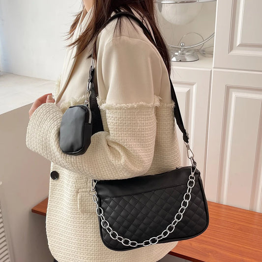 Embroidered Chain Shoulder Bag with Purse