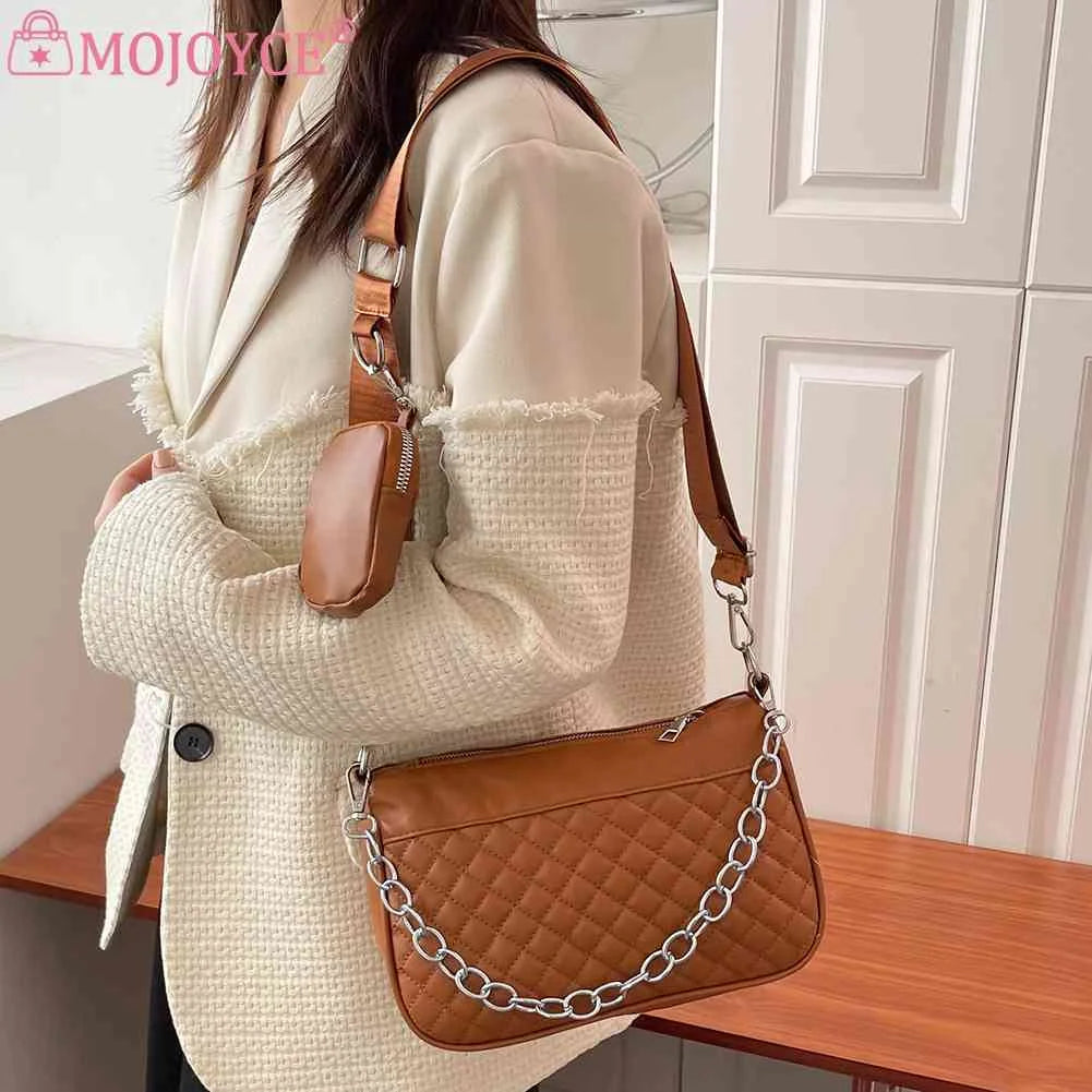 Embroidered Chain Shoulder Bag with Purse, Weekend Vacation PU Leather