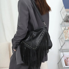 Rivet Fringe Tassel Bag PU Leather Women's Handbags Purses Women Shoulder Crossb