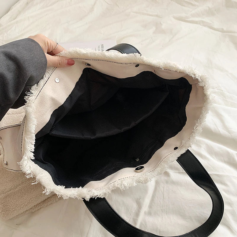 Canvas Shopper Tote Bag Large Capacity Rivet Shoulder Bag for Women