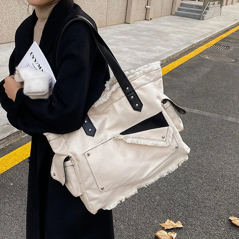 Canvas Shopper Tote Bag Large Capacity Rivet Shoulder Bag for Women