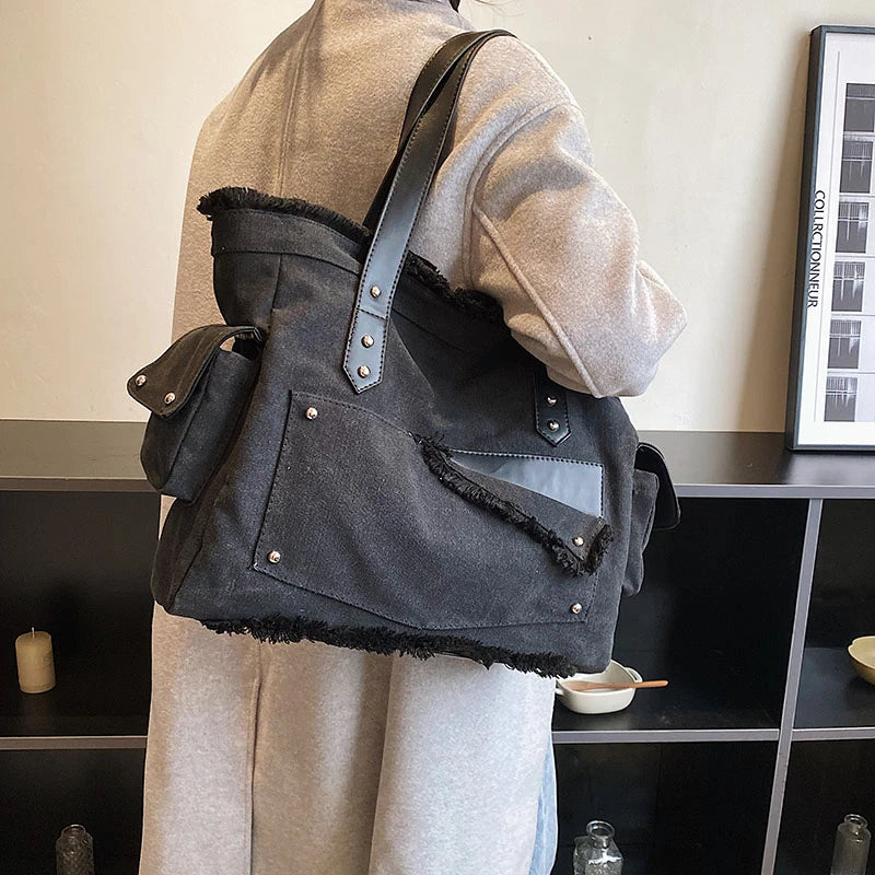 Canvas Shopper Tote Bag Large Capacity Rivet Shoulder Bag for Women