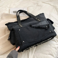 Canvas Shopper Tote Bag Large Capacity Rivet Shoulder Bag for Women