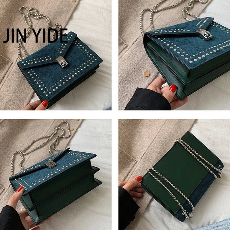 Rivets Leather Crossbody Bag For Women Chain Handbag and Purses