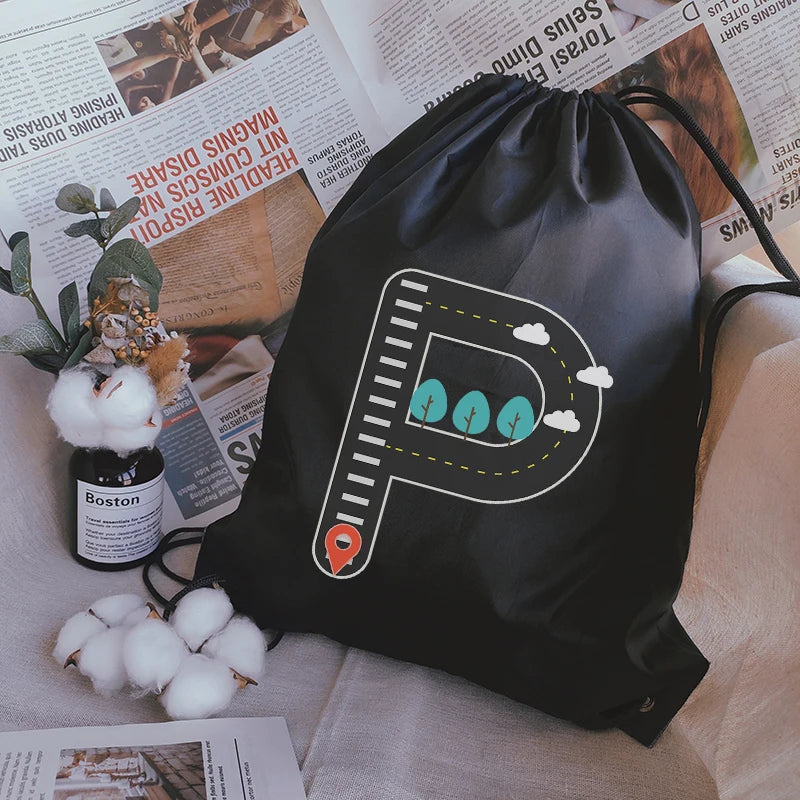 Road Sign Letters Print Drawstring Bag Outdoor Fitness Sport Bags Bundle Pocket
