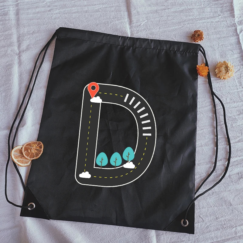 Road Sign Letters Print Drawstring Bag Outdoor Fitness Sport Bags Bundle Pocket