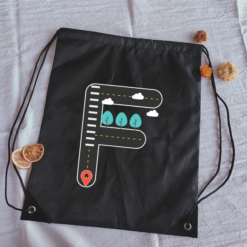 Road Sign Letters Print Drawstring Bag Outdoor Fitness Sport Bags Bundle Pocket