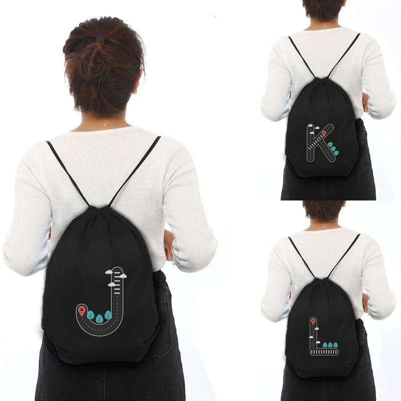 Road Sign Letters Print Drawstring Bag Outdoor Fitness Sport Bags Bundle Pocket