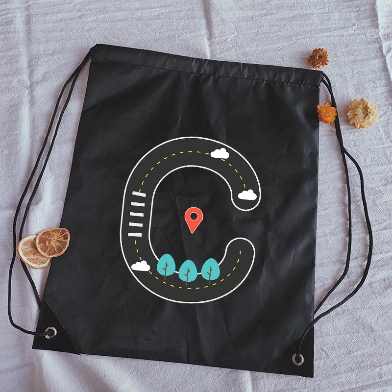 Road Sign Letters Print Drawstring Bag Outdoor Fitness Sport Bags Bundle Pocket