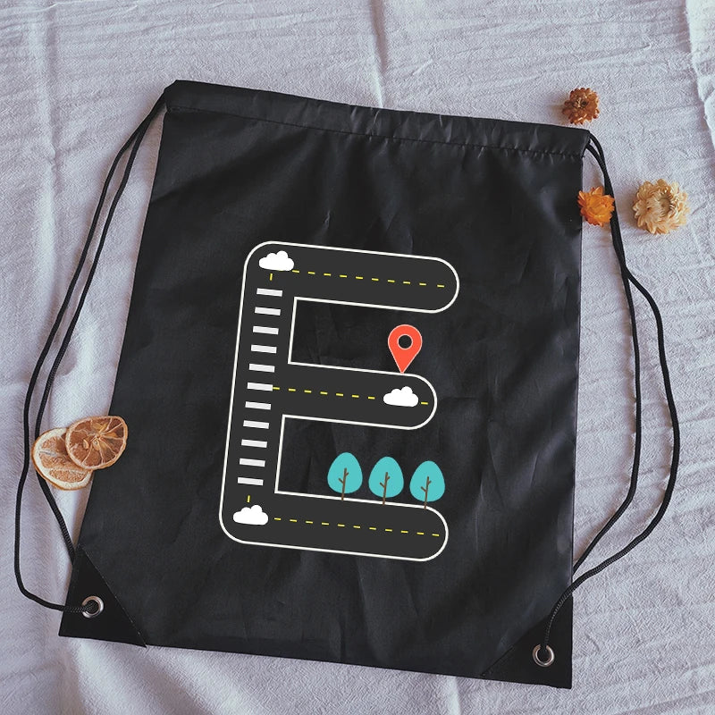 Road Sign Letters Print Drawstring Bag Outdoor Fitness Sport Bags Bundle Pocket