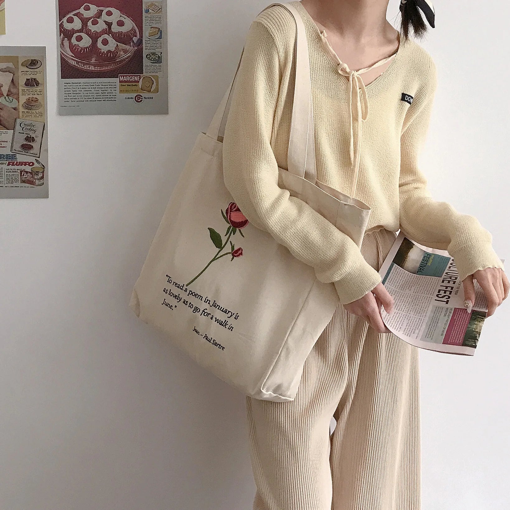 Rose Embroidery Canvas Bag Vintage Ladies Flower Shoulder Handbag