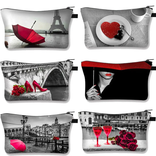 Red&Black Rose Embroidery Cosmetic Case Woman travel Bag