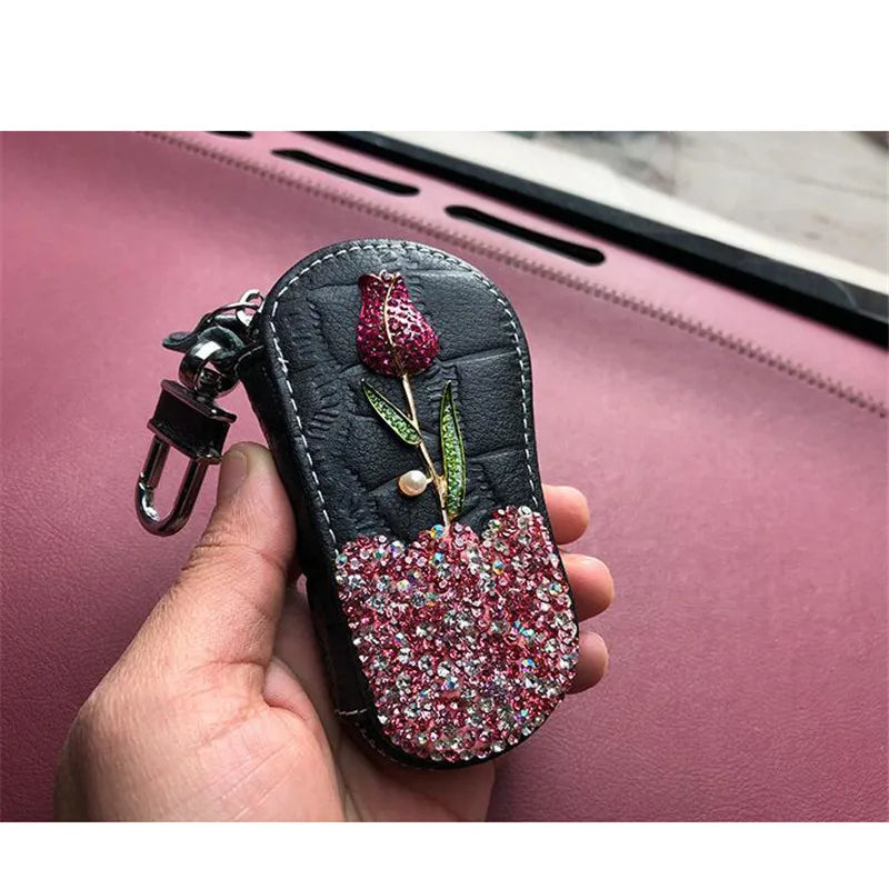 Rose Flower Diamonds Car Key Bag PU Leather Keychain Zipper Key Car Case
